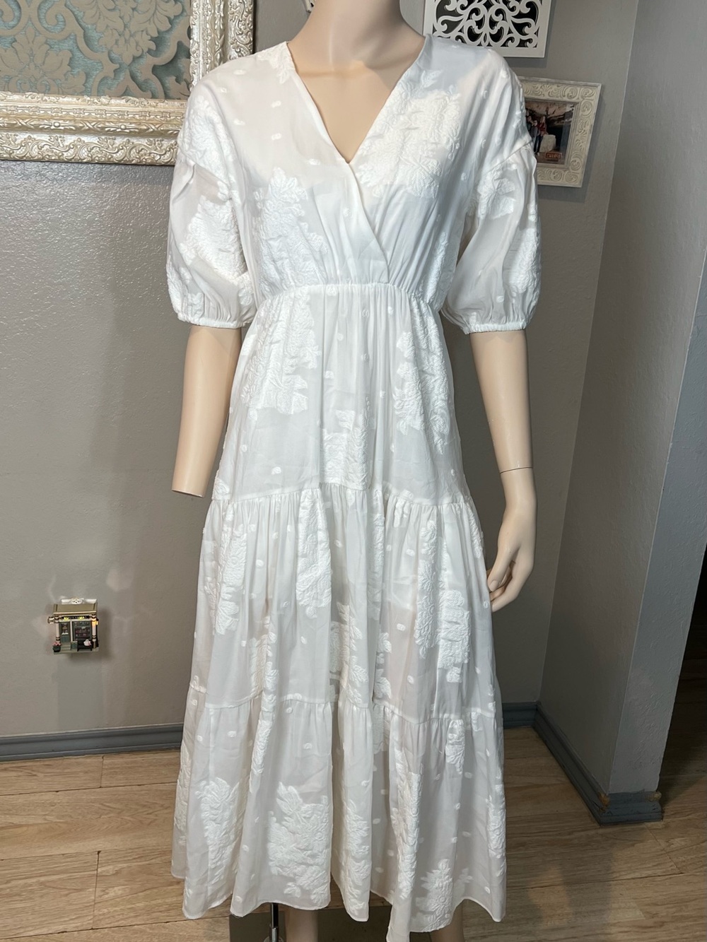 Ted BakerWhite Embroidered V-Neck Tiered Dress